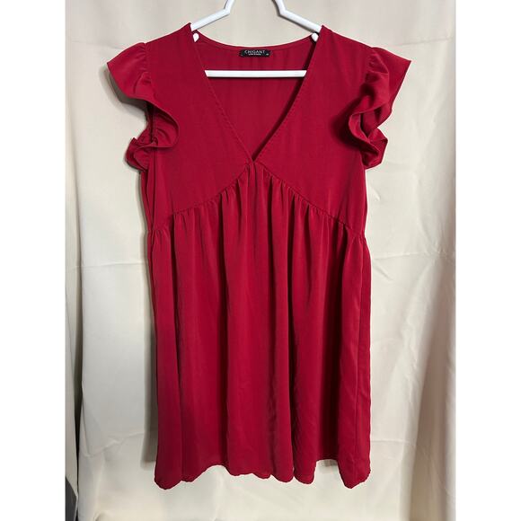 Chigant Red Ruffle Sleeve Blouse Women’s Medium V-Neck Babydoll Tunic Top - Picture 1 of 6